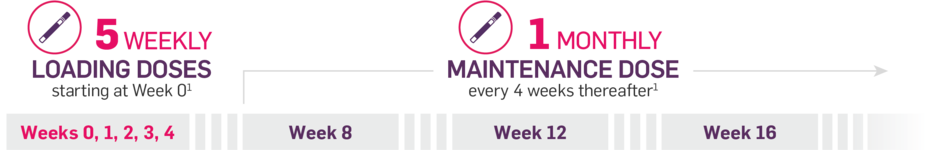 5 weekly loading doses on weeks 0, 1, 2, 3, and 4, then 1 monthly maintenance dose every 4 weeks thereafter.