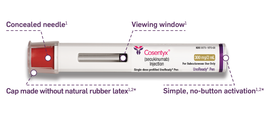 Cosentyx UnoReady pen. Concealed needle. Viewing window. Cap made without natural rubber latex. Simple, no-button activation.
