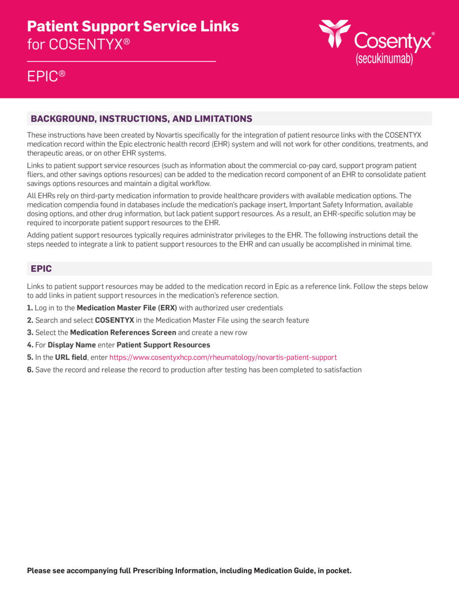 Epic Patient Support Service Integration Tip Sheet