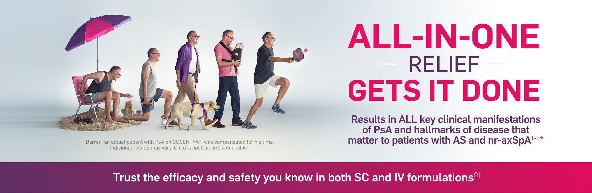 All-In-One relief gets it done. Results in all key clinical manifestations of PsA and the hallmarks of disease that matter to patients with AS and nr-axSpA. Darren, an actual patient with PsA on Cosentyx, was compensated for his time. Individual results may vary. Child is not a patient and not Darren's actual child. Trust the efficacy and safety you know in both SC and IV formulations.