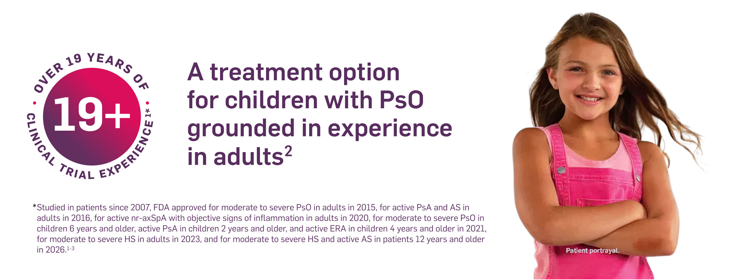 A treatment option for children with PsO grounded in experience in adults. Over 19+ years of clinical trial experience. COSENTYX (secukinumab) is approved to treat pediatric PsO in children as young as 6 years old.