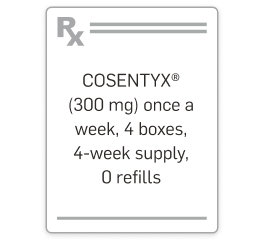 Cosentyx (300 mg) once a week, 4 boxes, 4-week supply, 0 refills.