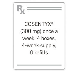 Cosentyx (300 mg) once a week, 4 boxes, 4-week supply, 0 refills.